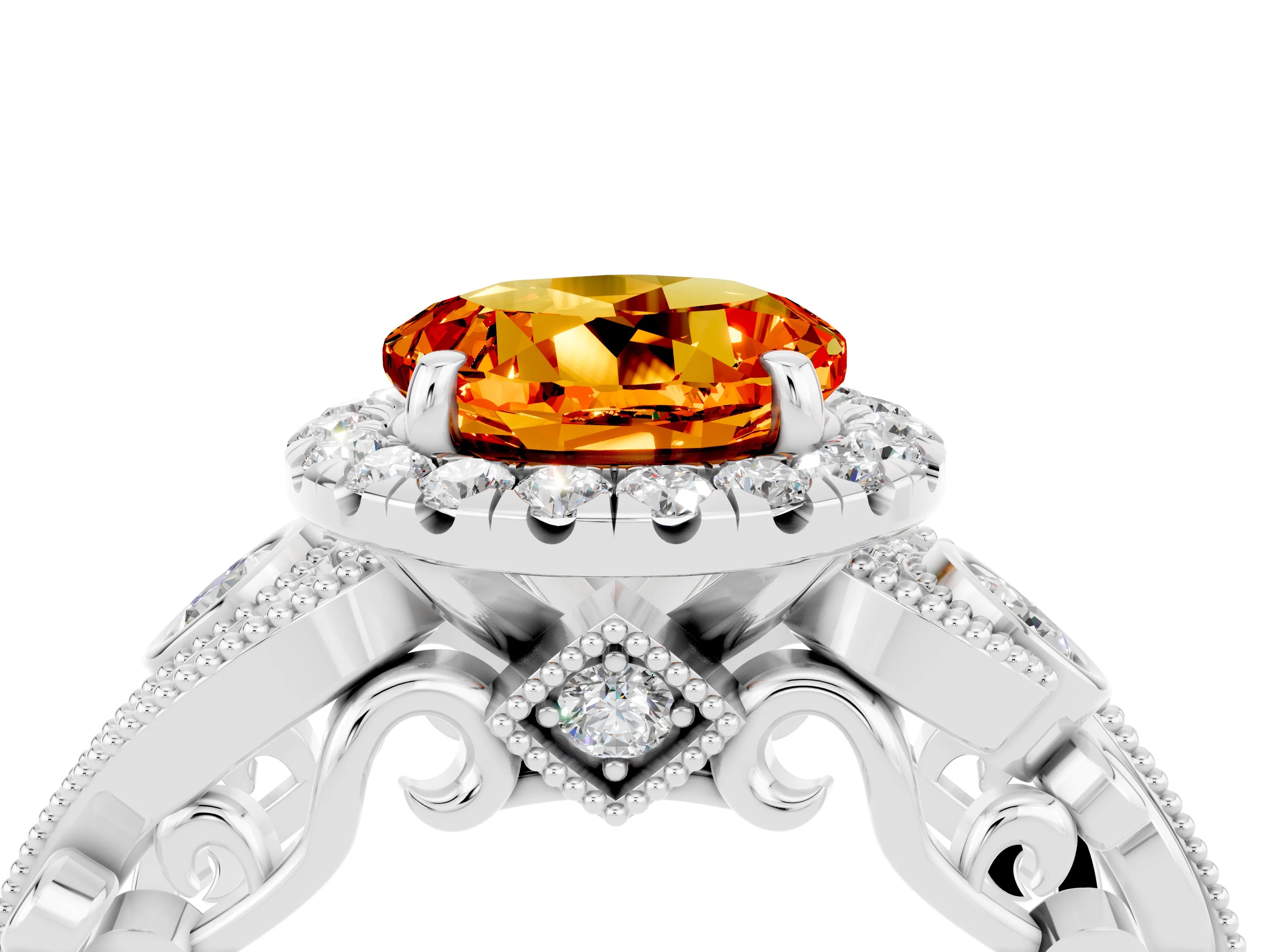 White gold Round Cut Citrine Halo Ring with Milgrain Pavé Band and Four-Prong Setting_16