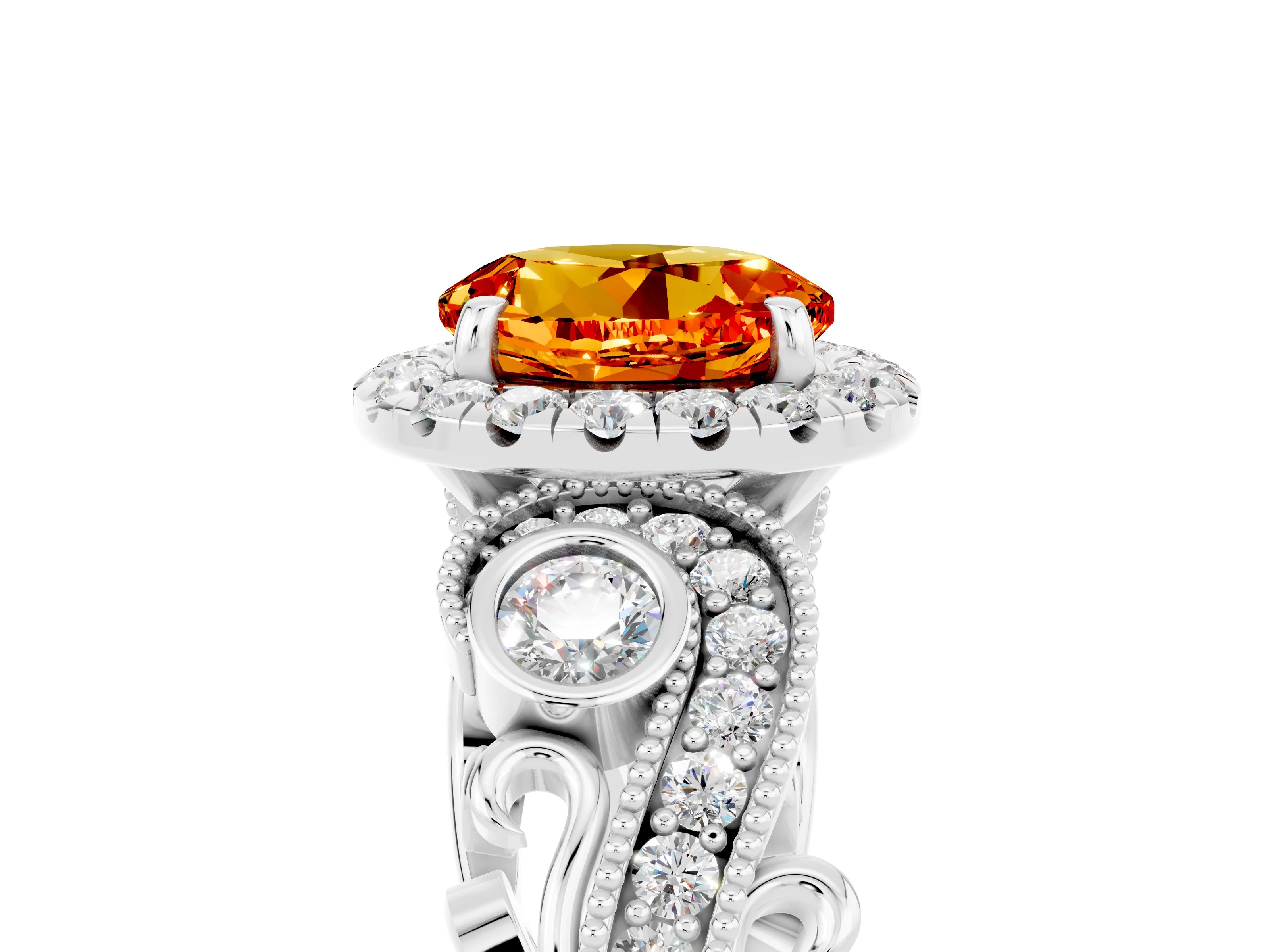 White gold Round Cut Citrine Halo Ring with Milgrain Pavé Band and Four-Prong Setting_17