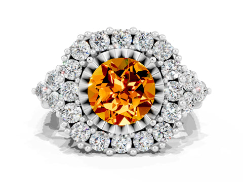 White gold Round Cut Citrine Halo Ring with Pavé Band and Four-Prong Setting_12