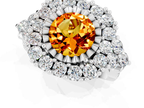 White gold Round Cut Citrine Halo Ring with Pavé Band and Four-Prong Setting_13