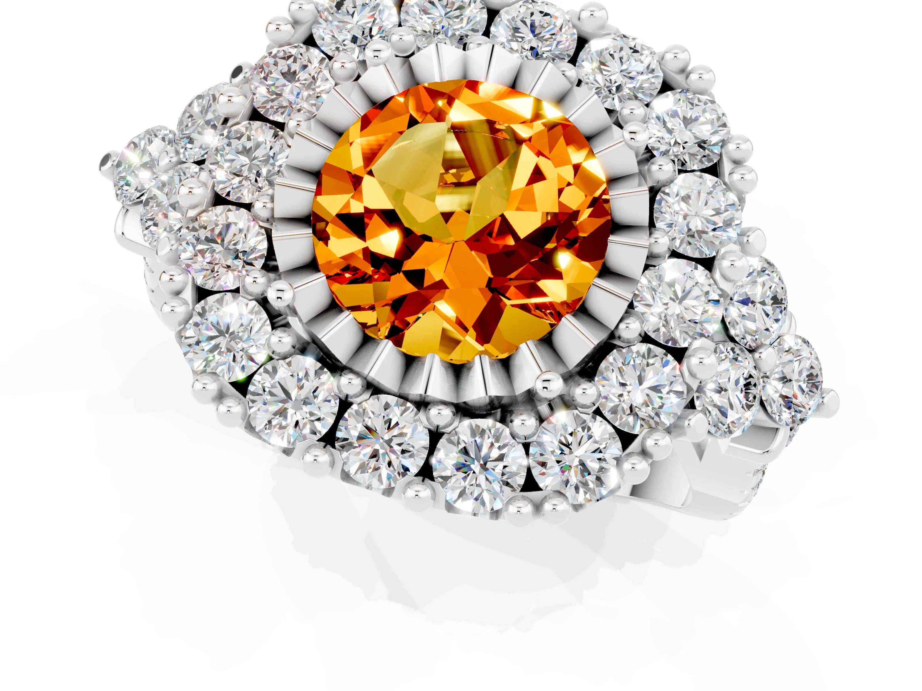 White gold Round Cut Citrine Halo Ring with Pavé Band and Four-Prong Setting_13