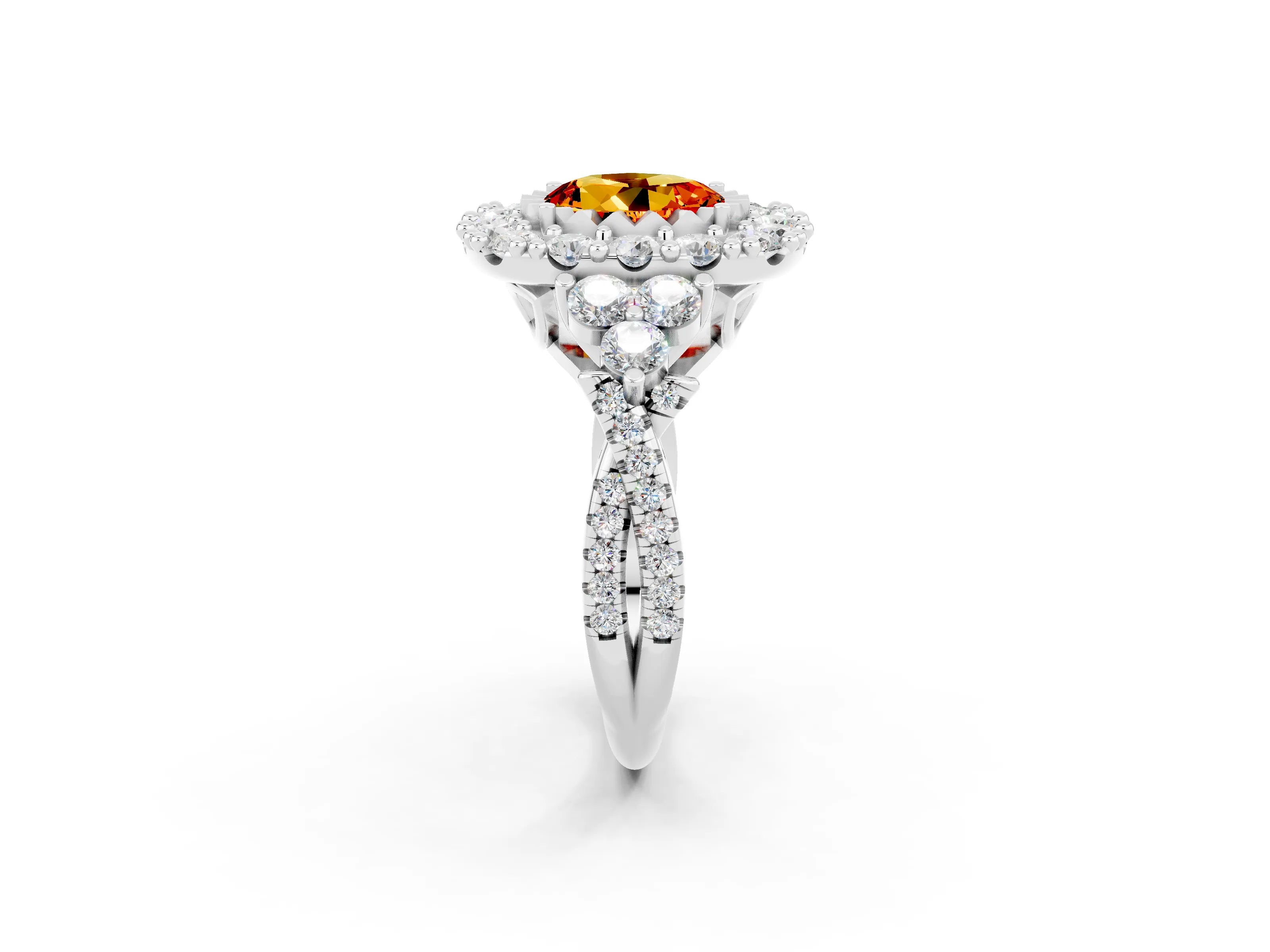 White gold Round Cut Citrine Halo Ring with Pavé Band and Four-Prong Setting_14