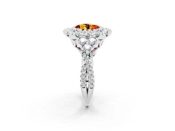 White gold Round Cut Citrine Halo Ring with Pavé Band and Four-Prong Setting