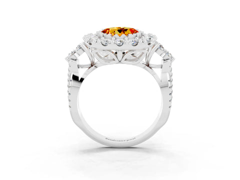White gold Round Cut Citrine Halo Ring with Pavé Band and Four-Prong Setting_15