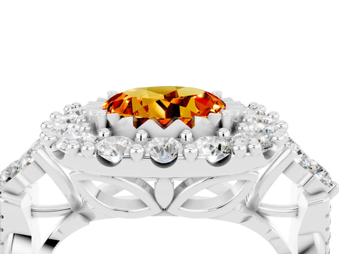 White gold Round Cut Citrine Halo Ring with Pavé Band and Four-Prong Setting_16