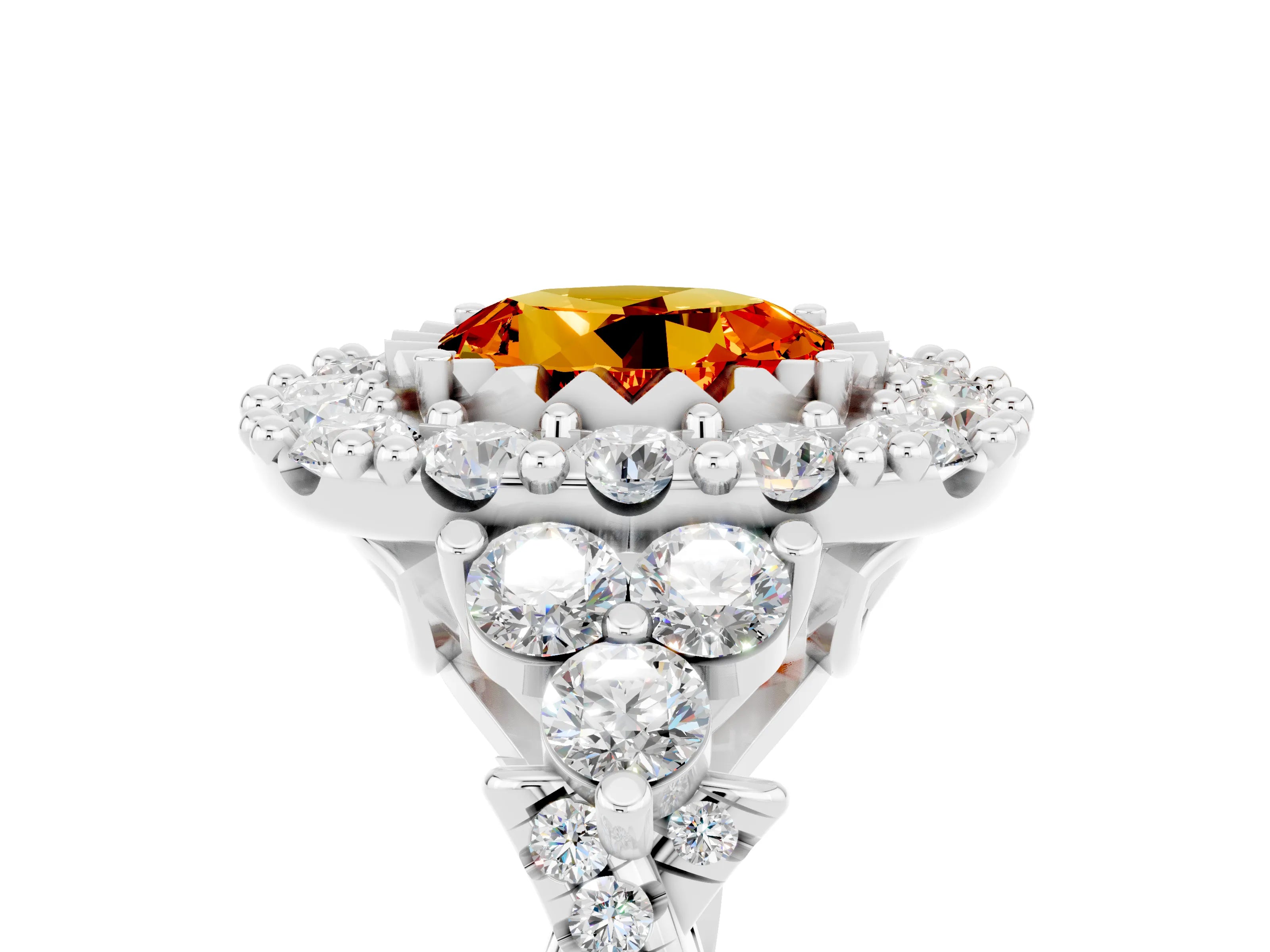 White gold Round Cut Citrine Halo Ring with Pavé Band and Four-Prong Setting_17