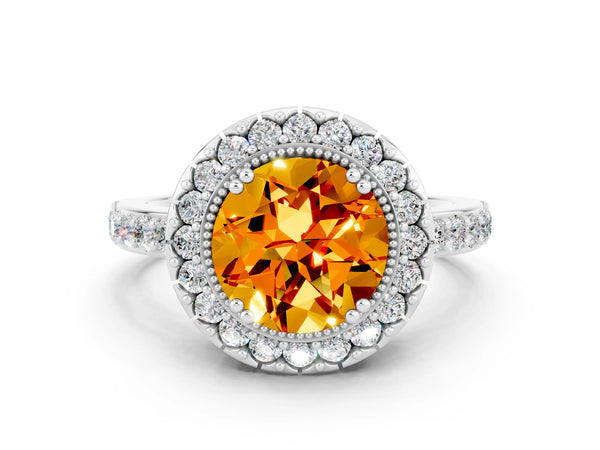 Platinum Round Cut Citrine Halo Ring with Pavé Band and Prong Setting