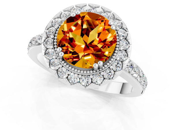 Silver Round Cut Citrine Halo Ring with Pavé Band and Prong Setting