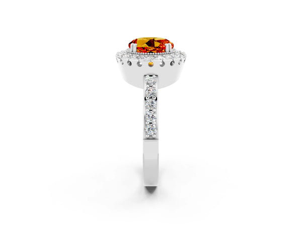 Silver Round Cut Citrine Halo Ring with Pavé Band and Prong Setting