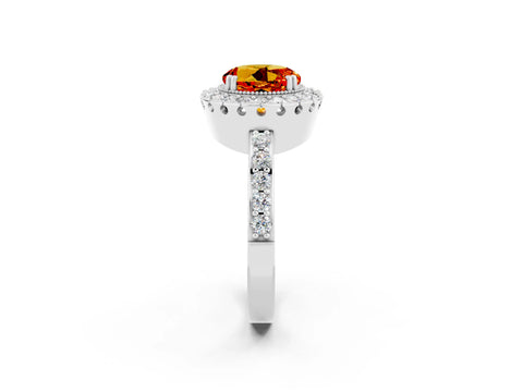White gold Round Cut Citrine Halo Ring with Pavé Band and Prong Setting_2