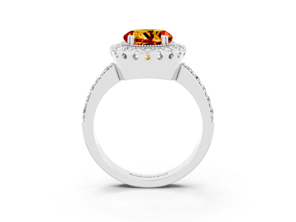 Silver Round Cut Citrine Halo Ring with Pavé Band and Prong Setting