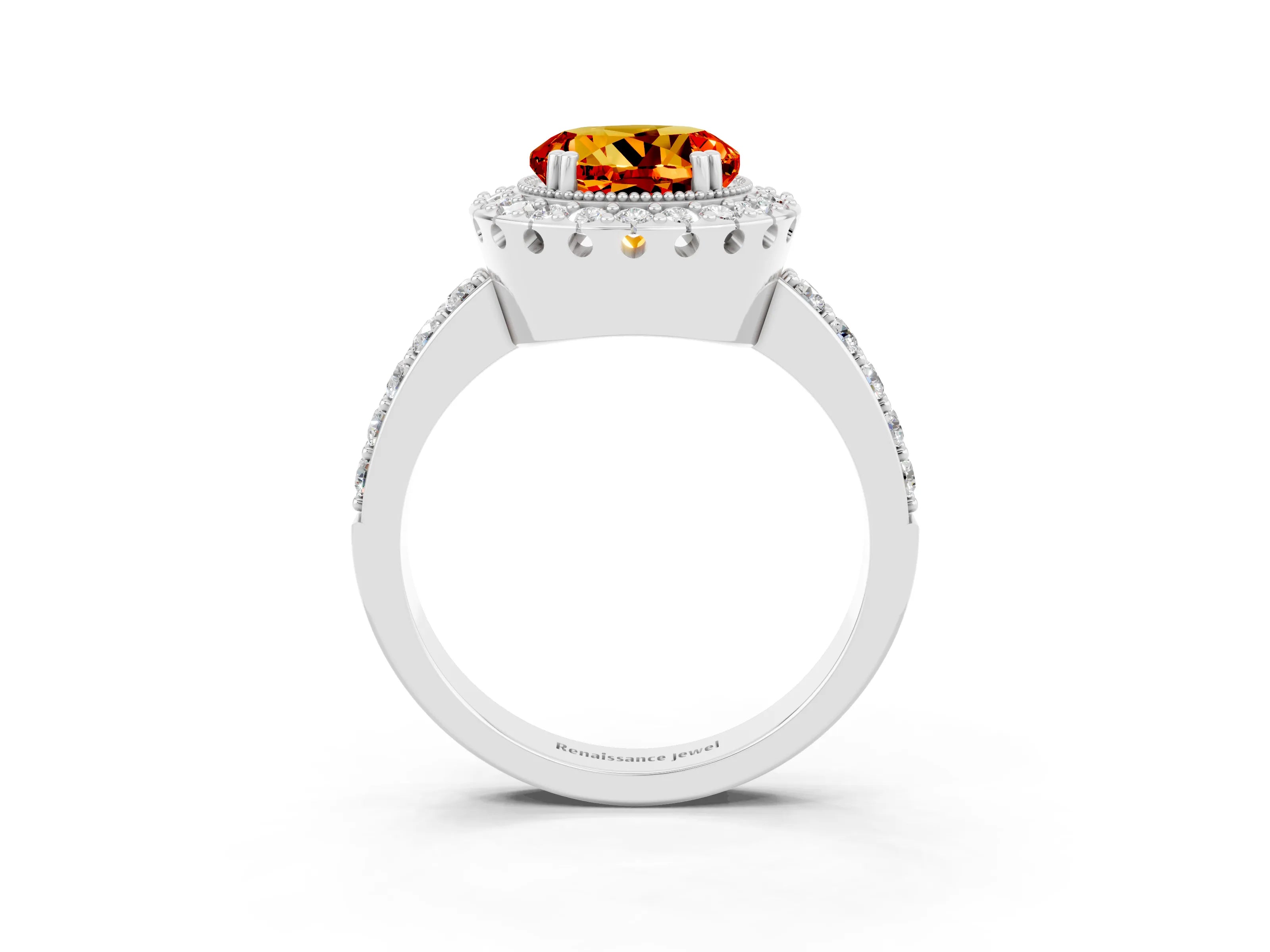 White gold Round Cut Citrine Halo Ring with Pavé Band and Prong Setting_3