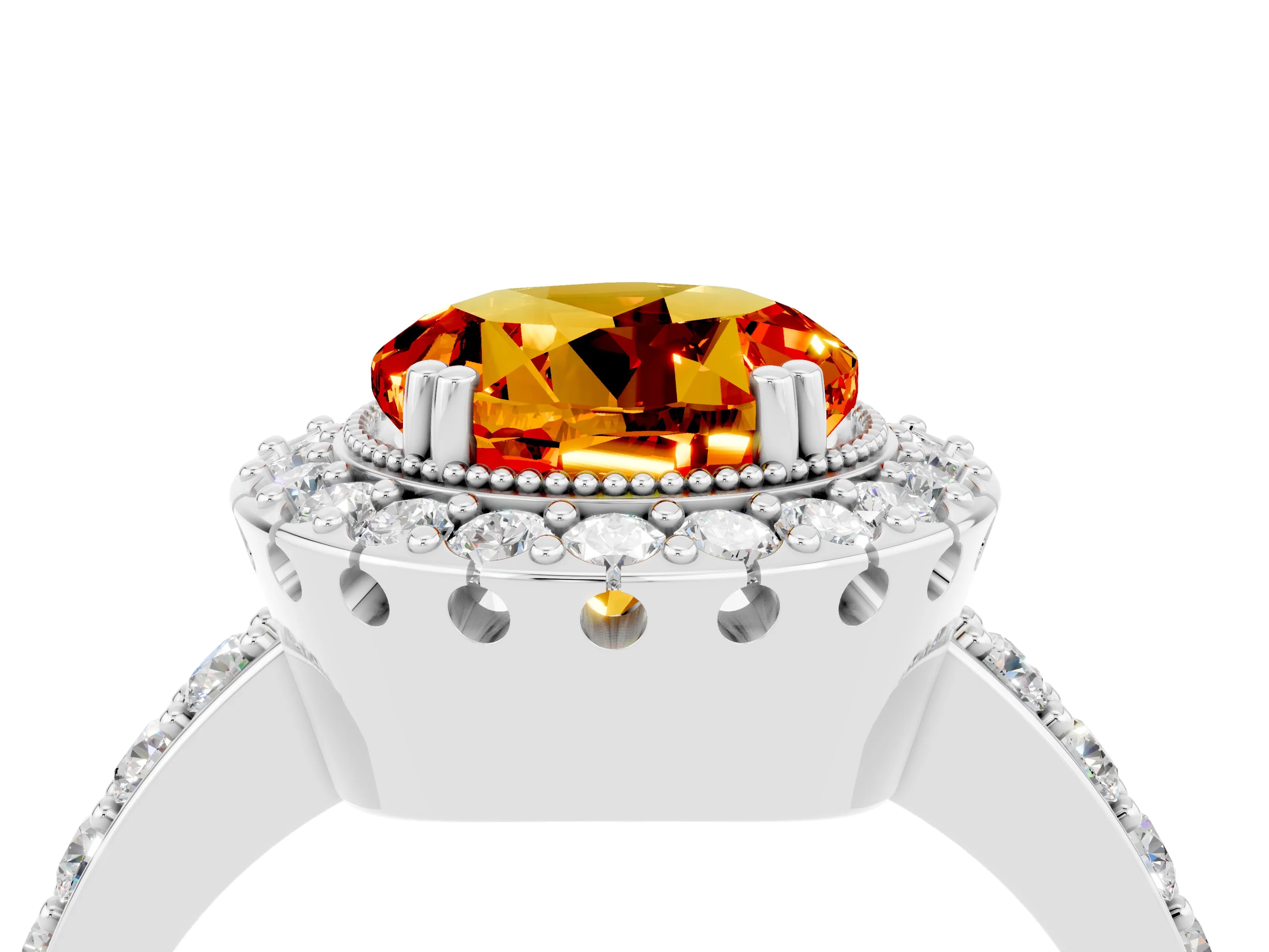 White gold Round Cut Citrine Halo Ring with Pavé Band and Prong Setting_4
