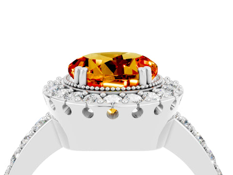 White gold Round Cut Citrine Halo Ring with Pavé Band and Prong Setting_4