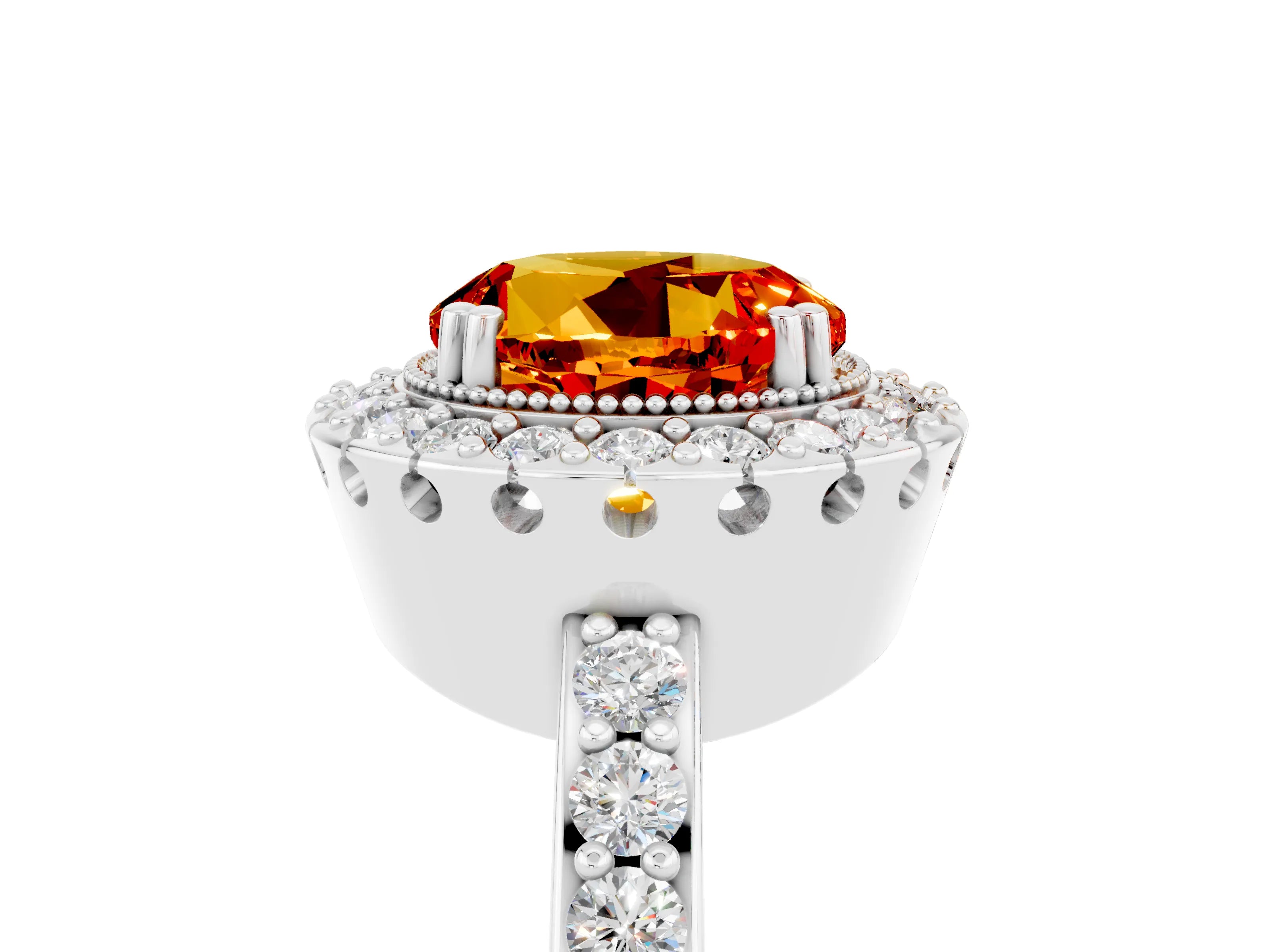 White gold Round Cut Citrine Halo Ring with Pavé Band and Prong Setting_5