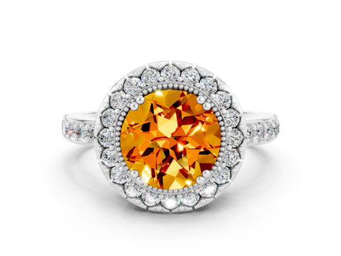 White gold Round Cut Citrine Halo Ring with Pavé Band and Prong Setting