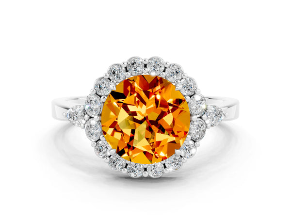 Silver Round Cut Citrine Halo Ring with Pear Side Stones and Prong Setting