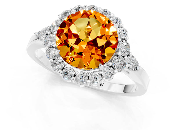 Platinum Round Cut Citrine Halo Ring with Pear Side Stones and Prong Setting