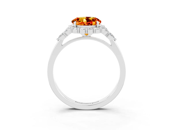 Silver Round Cut Citrine Halo Ring with Pear Side Stones and Prong Setting