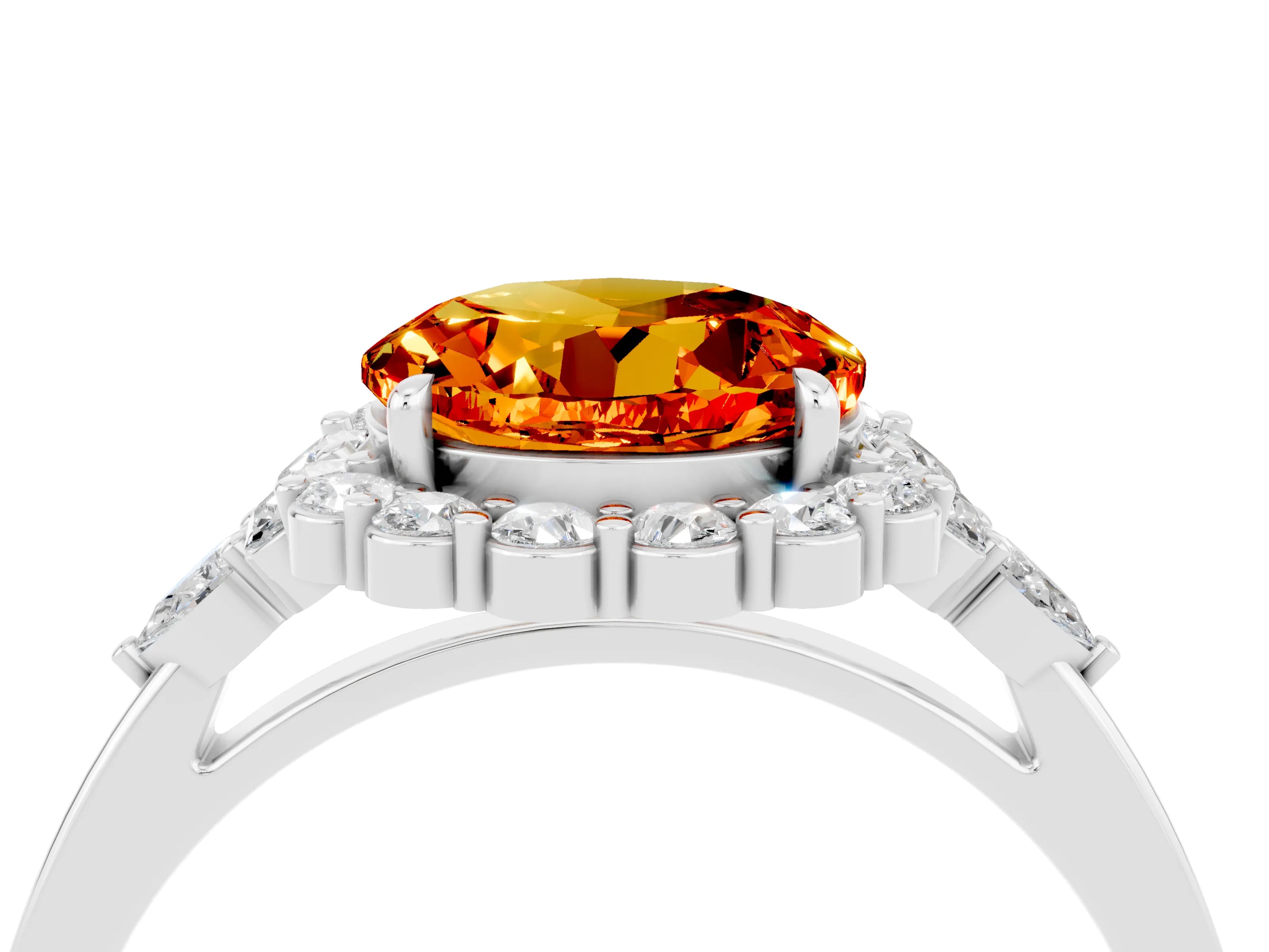 White gold Round Cut Citrine Halo Ring with Pear Side Stones and Prong Setting_28