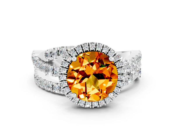 Silver Round Cut Citrine Halo Ring with Round Split Shank and Prong Setting