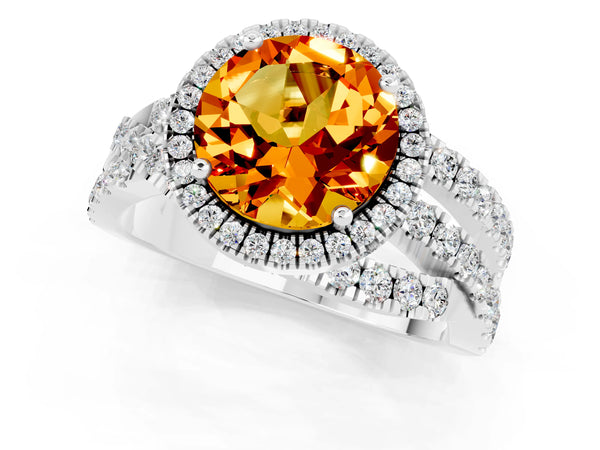 Silver Round Cut Citrine Halo Ring with Round Split Shank and Prong Setting