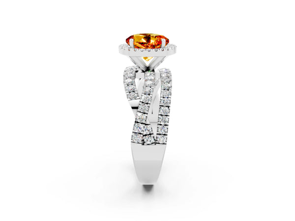 Silver Round Cut Citrine Halo Ring with Round Split Shank and Prong Setting