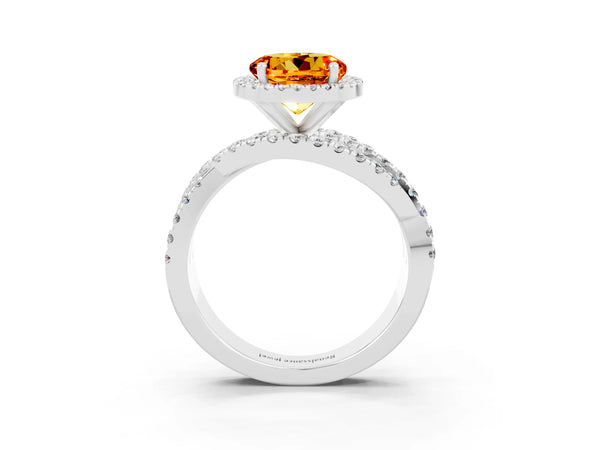 Silver Round Cut Citrine Halo Ring with Round Split Shank and Prong Setting