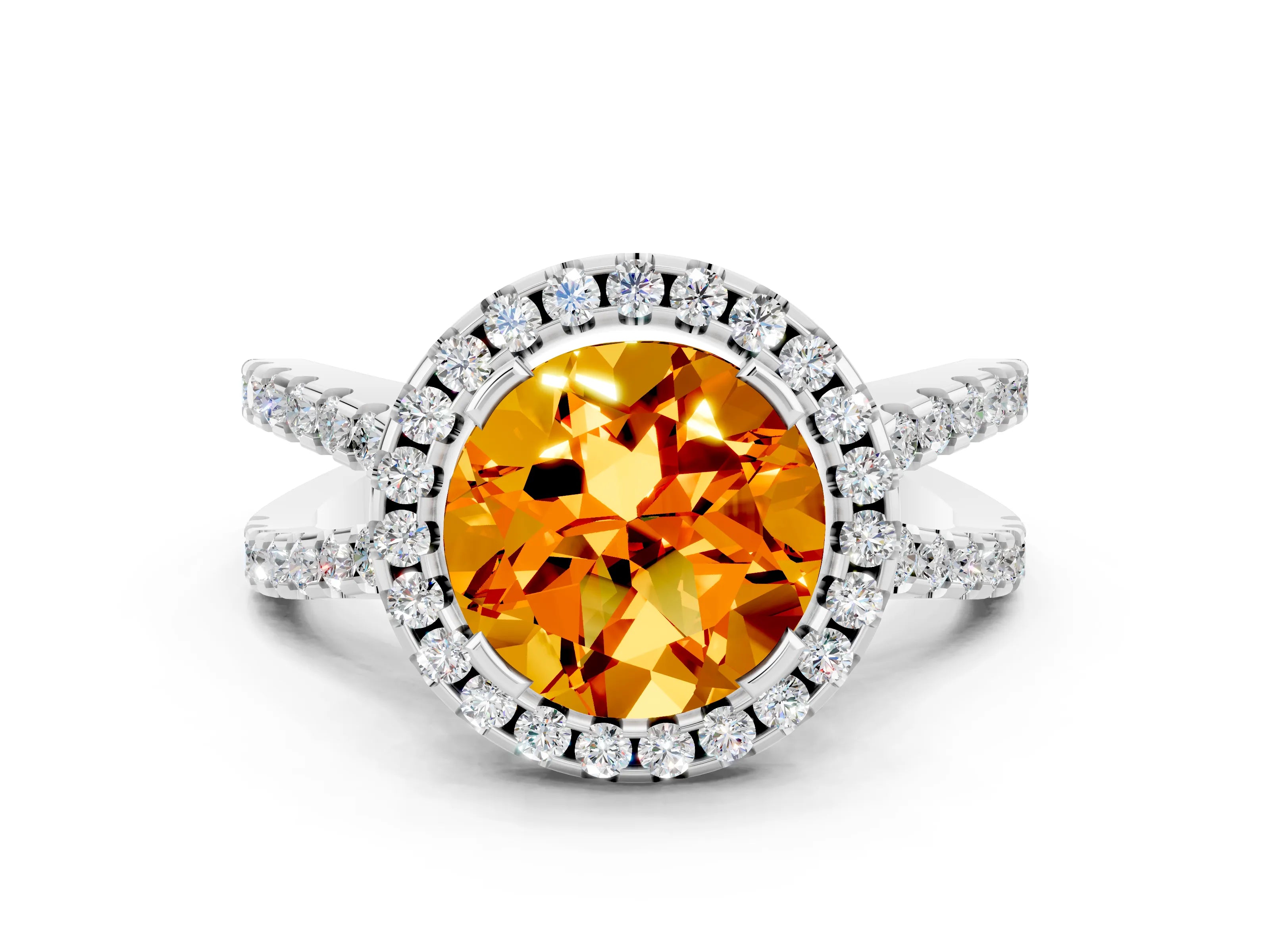 White gold Round Cut Citrine Halo Ring with Split Shank Pavé Band and Prong Setting