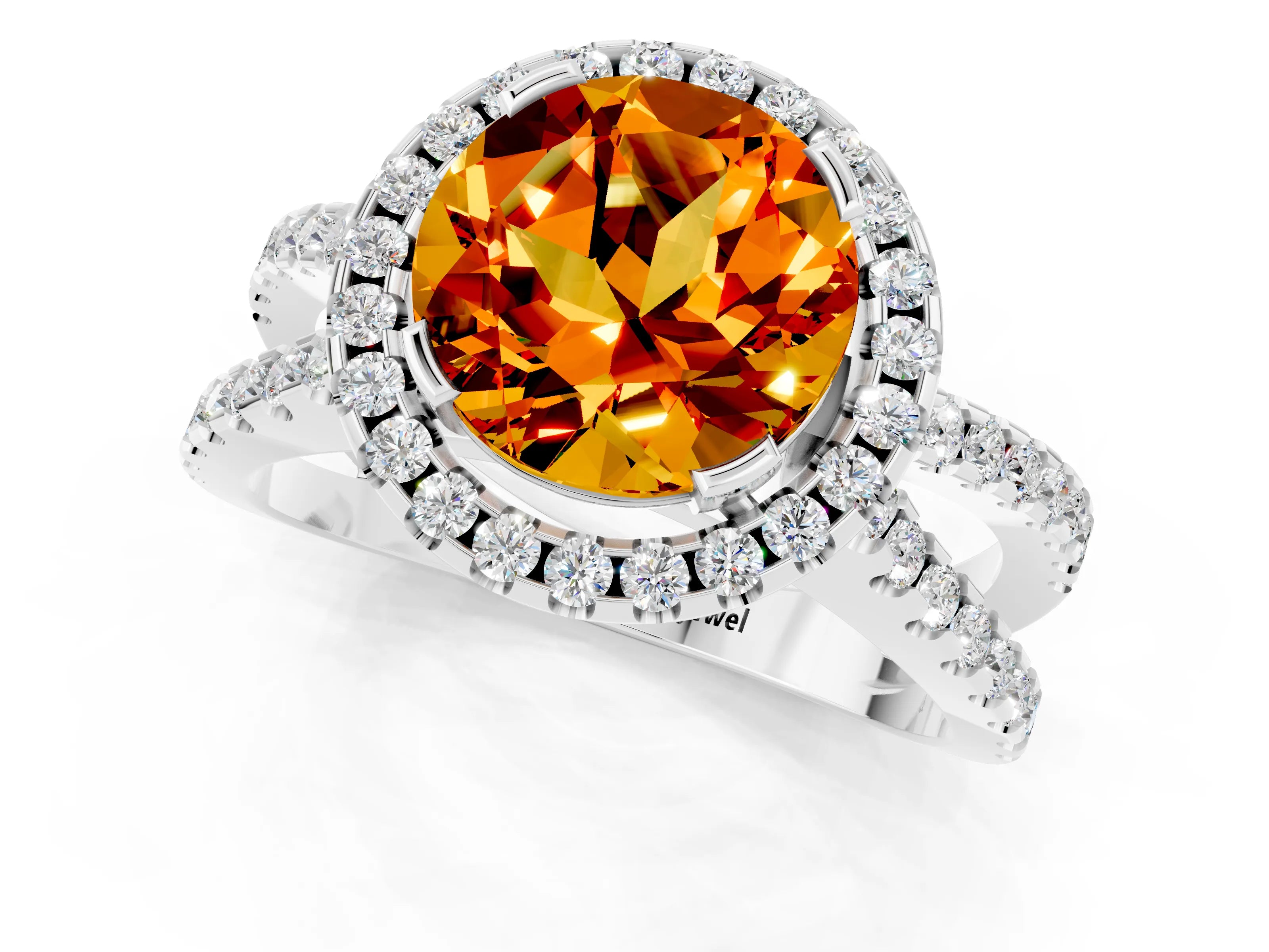 White gold Round Cut Citrine Halo Ring with Split Shank Pavé Band and Prong Setting_1