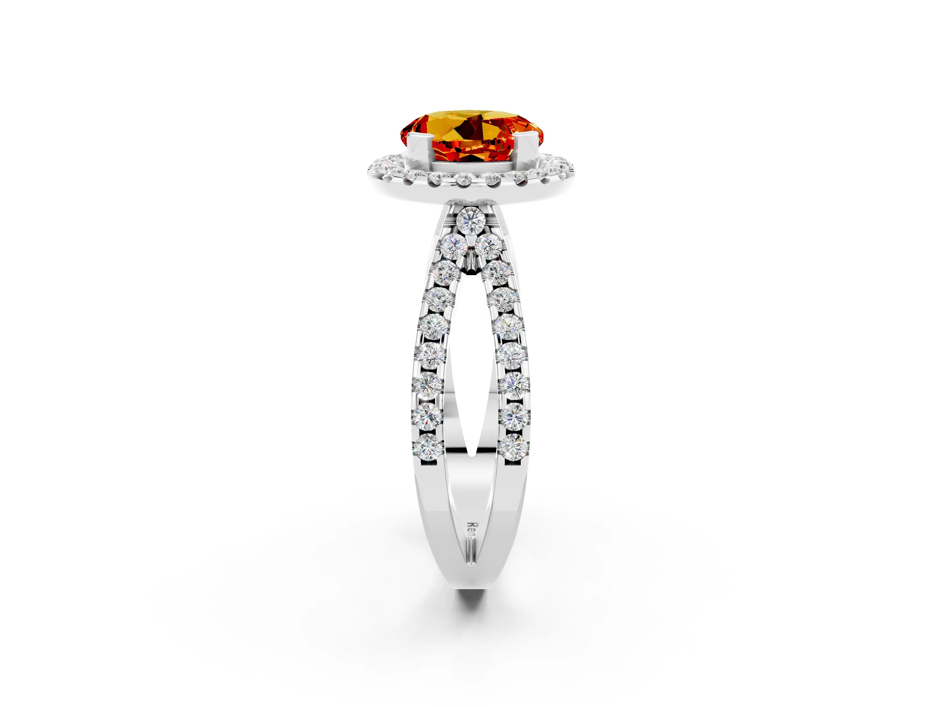 White gold Round Cut Citrine Halo Ring with Split Shank Pavé Band and Prong Setting_2