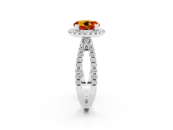 White gold Round Cut Citrine Halo Ring with Split Shank Pavé Band and Prong Setting
