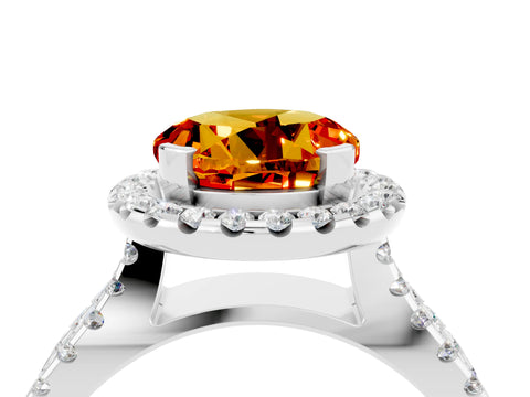 White gold Round Cut Citrine Halo Ring with Split Shank Pavé Band and Prong Setting_4