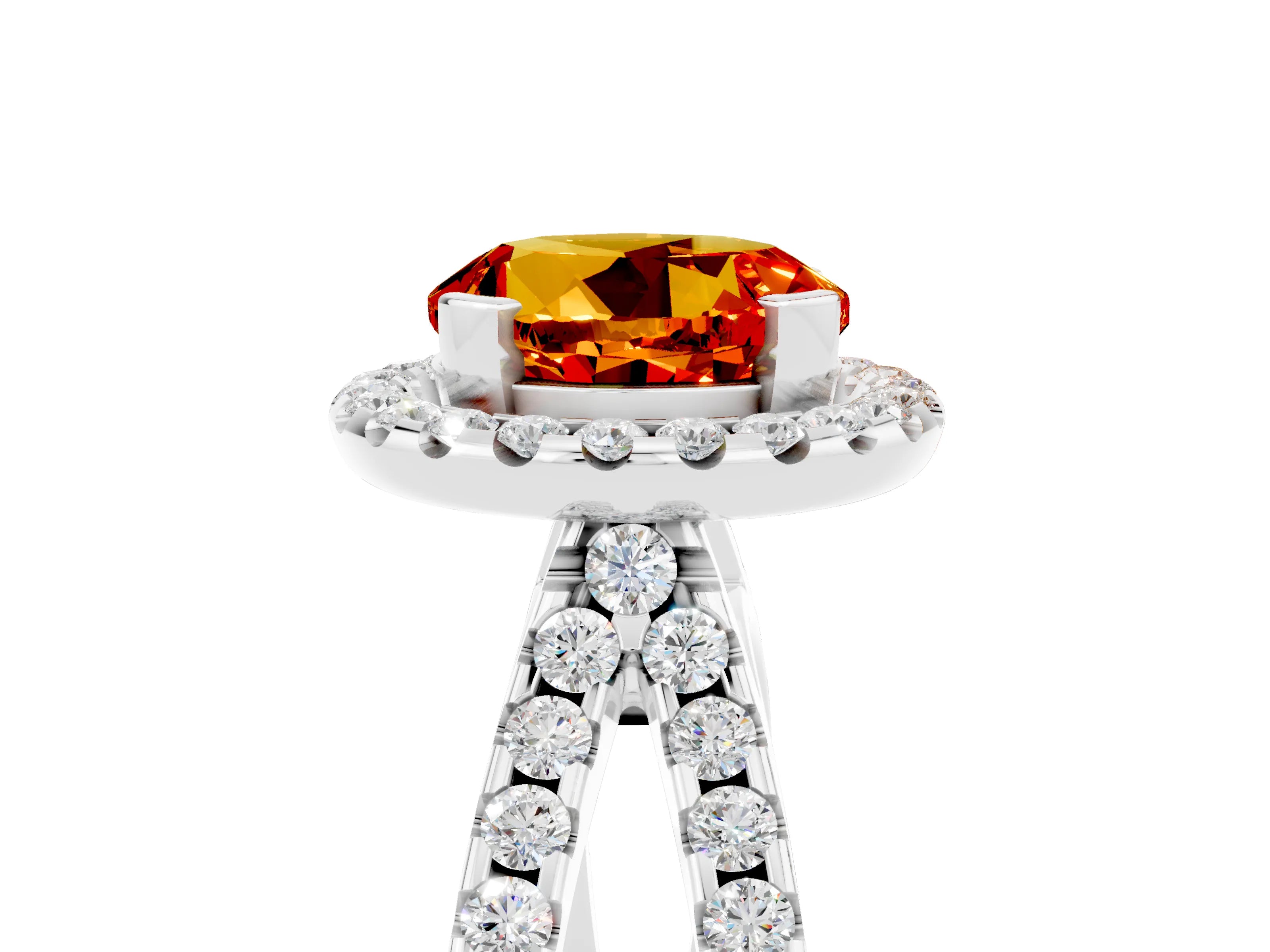 White gold Round Cut Citrine Halo Ring with Split Shank Pavé Band and Prong Setting_5