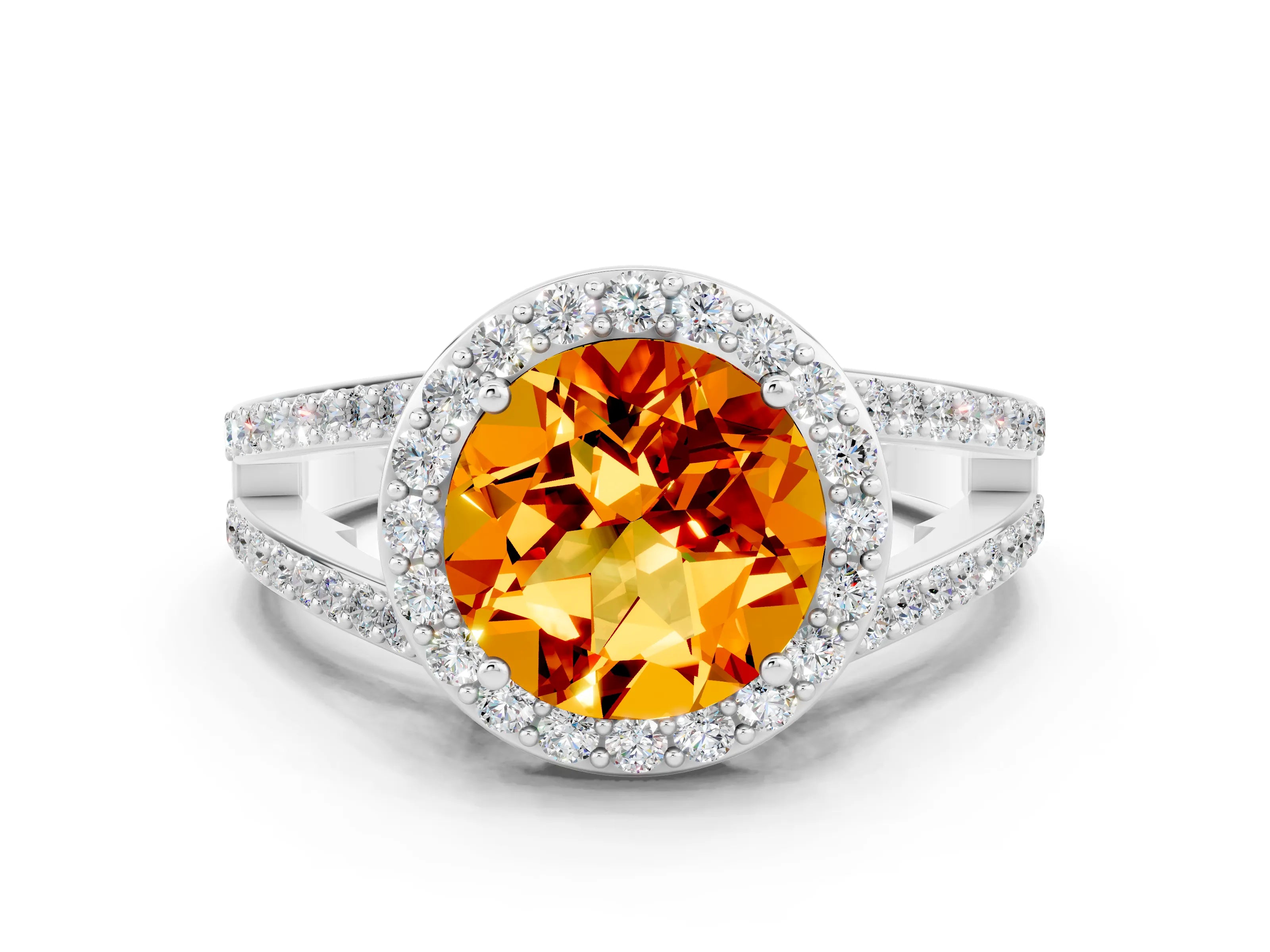 White gold Round Cut Citrine Halo Ring with Split Shank U-Prong Band and Four-Prong Setting
