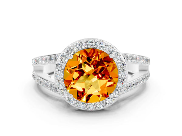 Silver Round Cut Citrine Halo Ring with Split Shank U-Prong Band and Four-Prong Setting