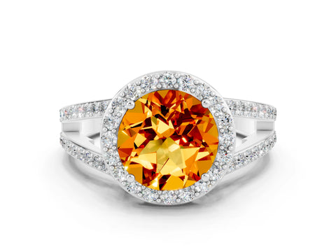 White gold Round Cut Citrine Halo Ring with Split Shank U-Prong Band and Four-Prong Setting