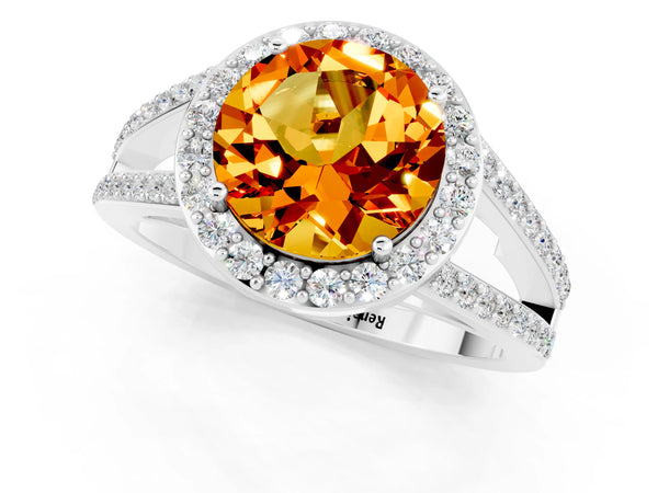Platinum Round Cut Citrine Halo Ring with Split Shank U-Prong Band and Four-Prong Setting