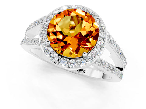White gold Round Cut Citrine Halo Ring with Split Shank U-Prong Band and Four-Prong Setting_1