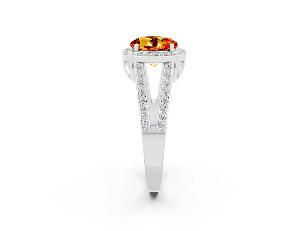 Silver Round Cut Citrine Halo Ring with Split Shank U-Prong Band and Four-Prong Setting
