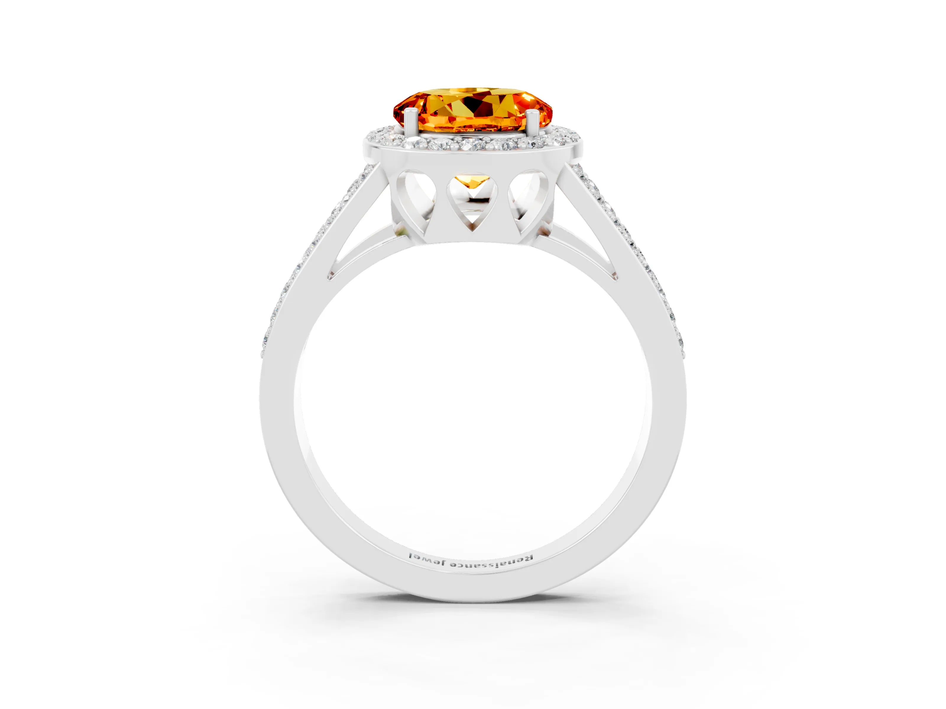 White gold Round Cut Citrine Halo Ring with Split Shank U-Prong Band and Four-Prong Setting_3
