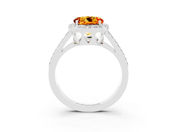 Platinum Round Cut Citrine Halo Ring with Split Shank U-Prong Band and Four-Prong Setting