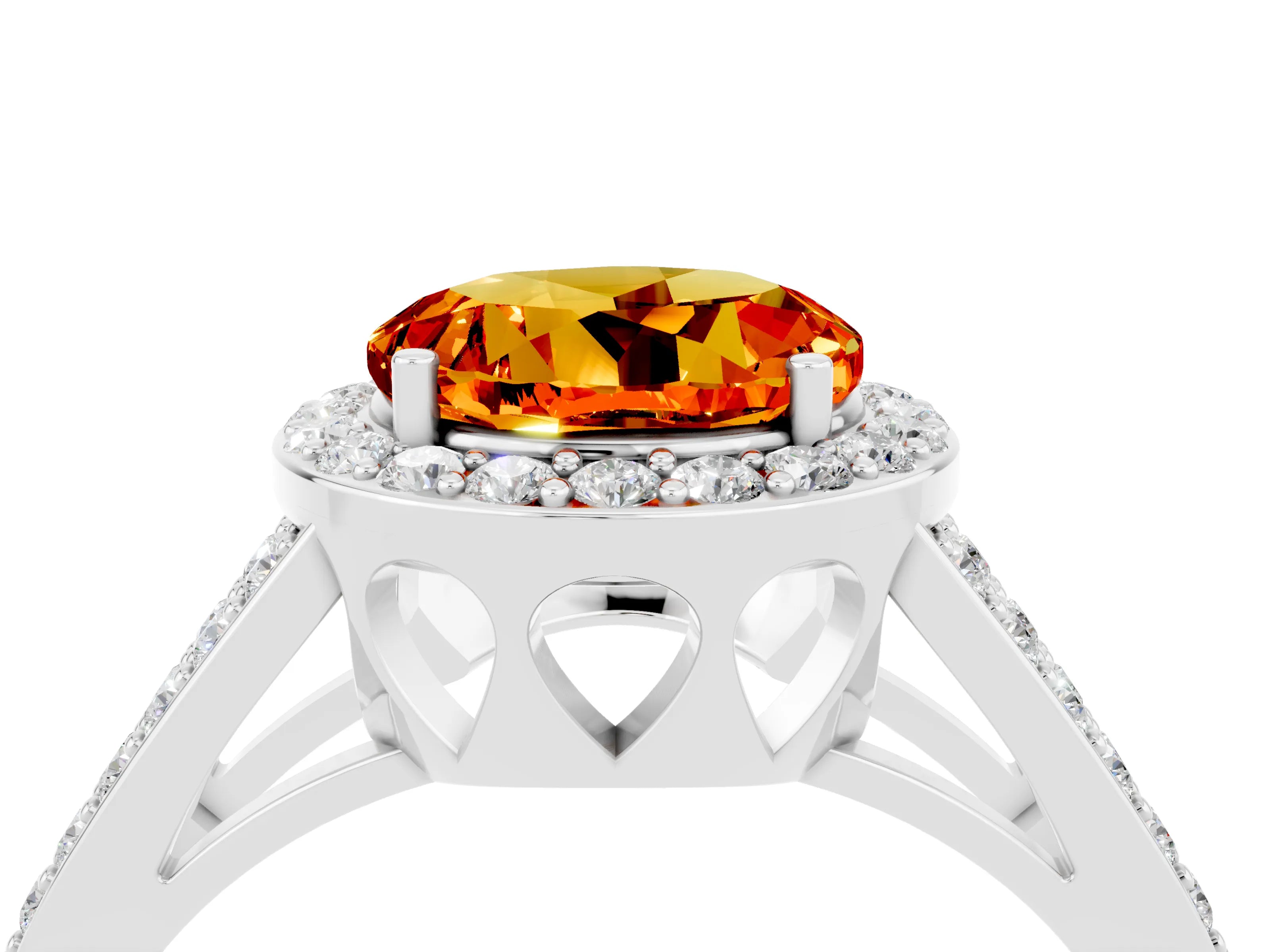 White gold Round Cut Citrine Halo Ring with Split Shank U-Prong Band and Four-Prong Setting_4