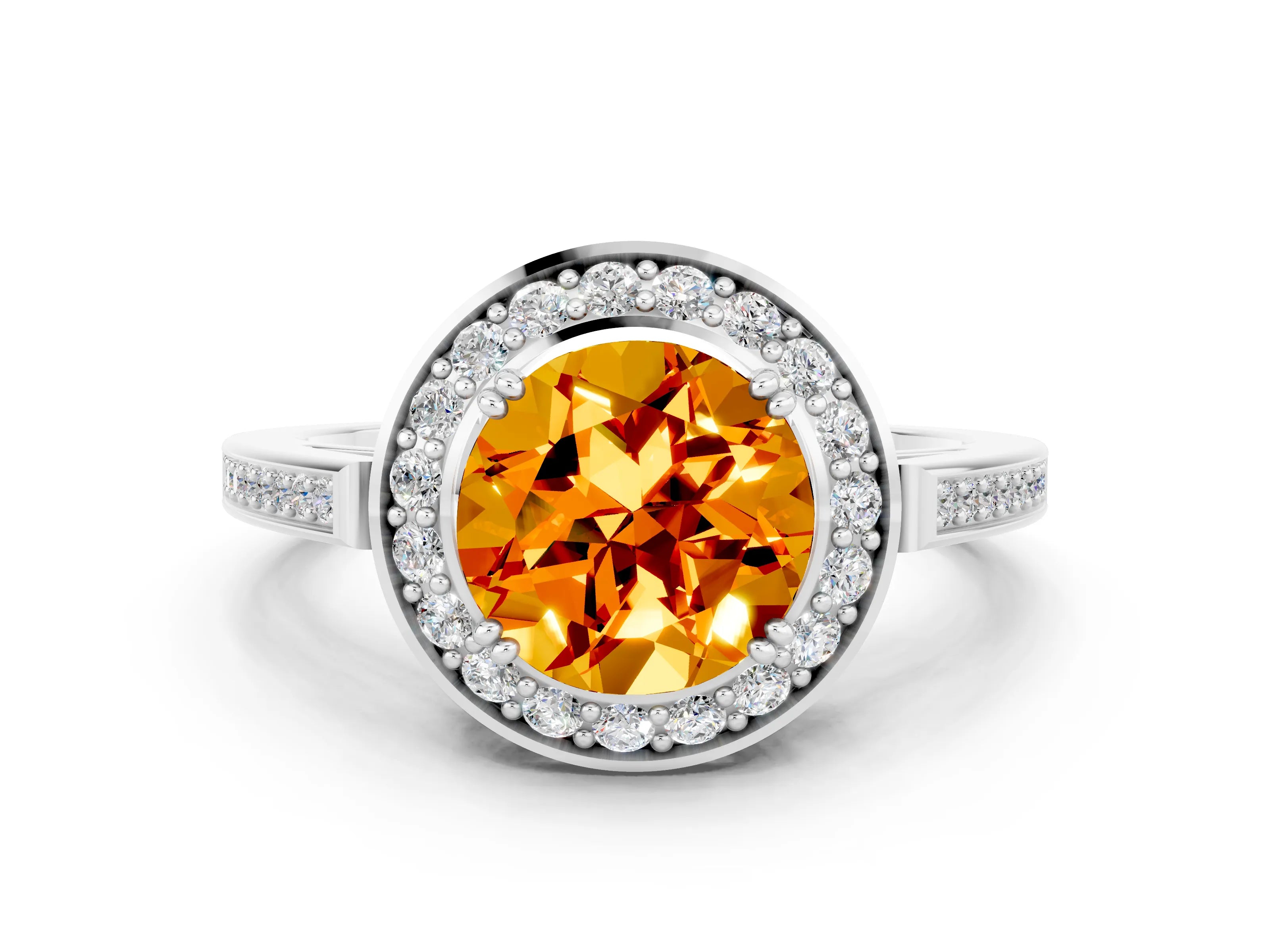 White gold Round Cut Citrine Halo Ring with Split Shank and Four-Prong Setting