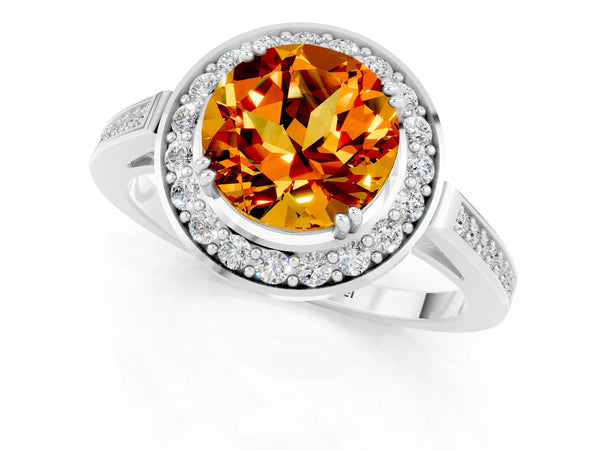 White gold Round Cut Citrine Halo Ring with Split Shank and Four-Prong Setting