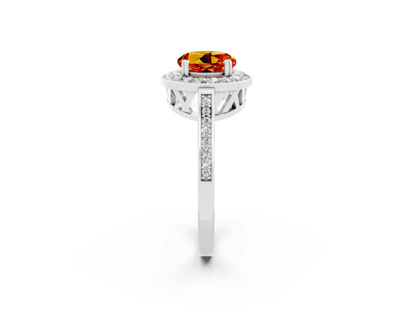 Silver Round Cut Citrine Halo Ring with Split Shank and Four-Prong Setting