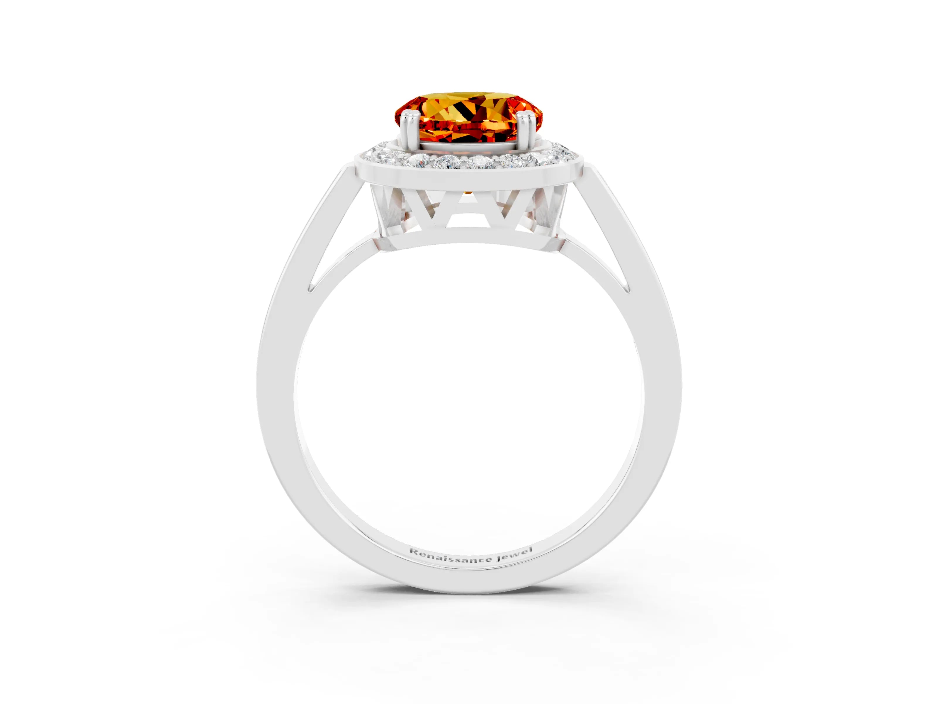 White gold Round Cut Citrine Halo Ring with Split Shank and Four-Prong Setting_3
