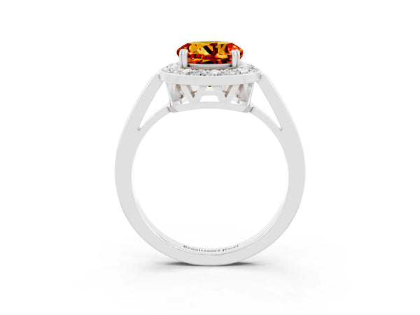 Silver Round Cut Citrine Halo Ring with Split Shank and Four-Prong Setting