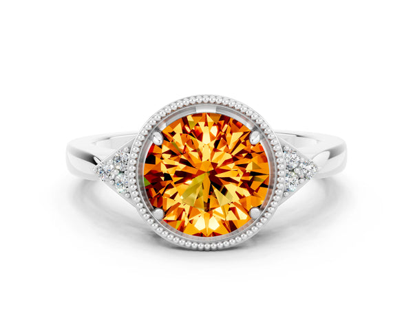 Platinum Round Cut Citrine Halo Ring with Tapered Band and Four-Prong Setting