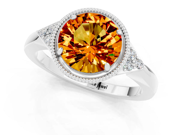 Platinum Round Cut Citrine Halo Ring with Tapered Band and Four-Prong Setting
